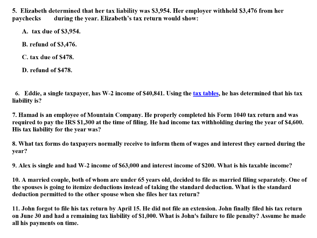 Solved 5. Elizabeth determined that her tax liability was