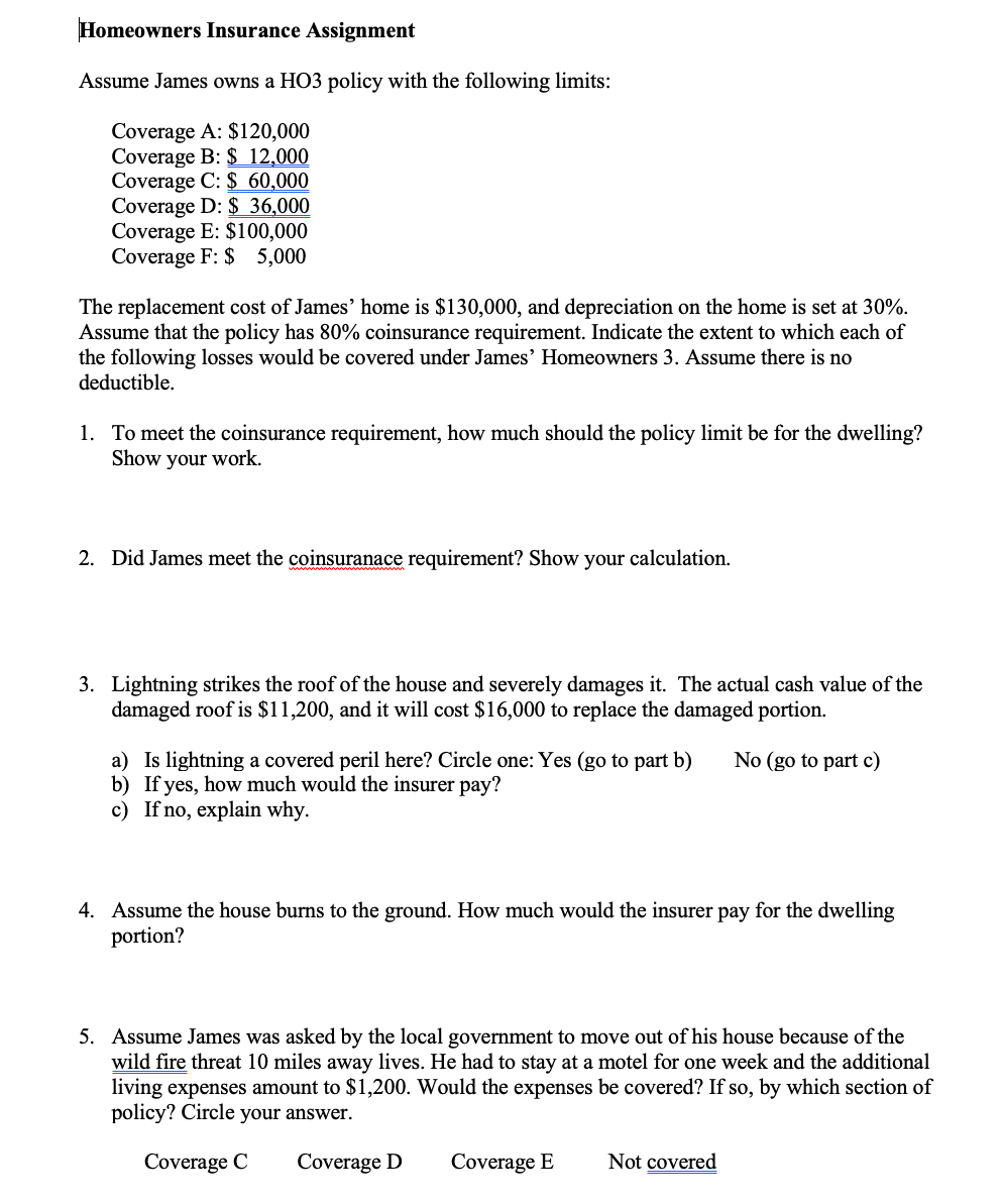 Solved Homeowners Insurance Assignment Assume James owns a | Chegg.com