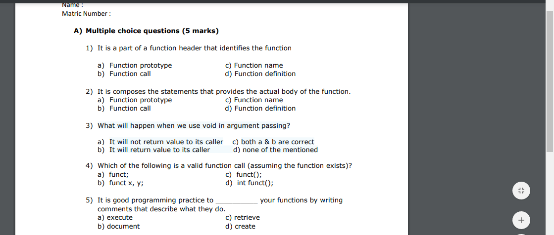 Solved Name Matric Number : A) Multiple choice questions (5 | Chegg.com