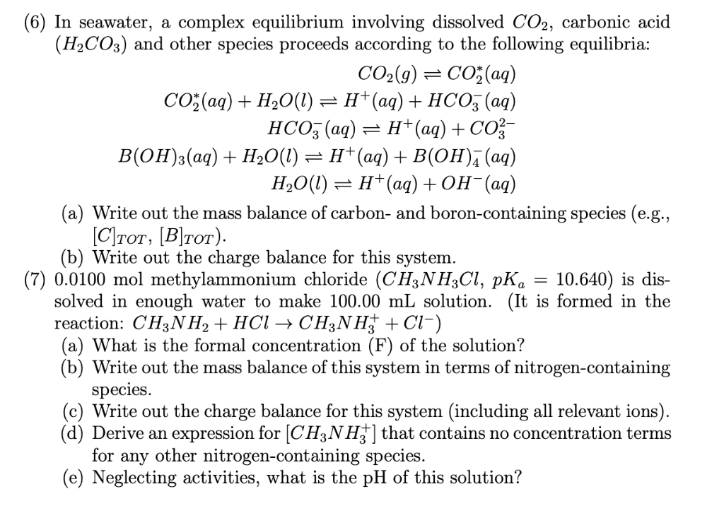 (6) In seawater, a complex equilibrium involving | Chegg.com