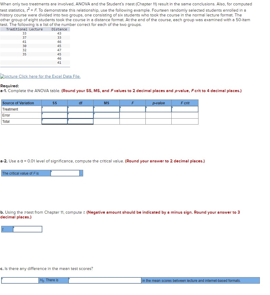 Solved when only two treatments are involved anova and the chegg
