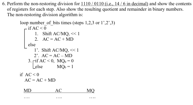 Solved 6. Perform the non-restoring division for 1110/0110 | Chegg.com