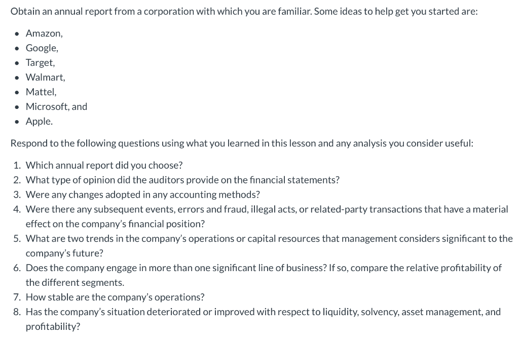 Obtain an annual report from a corporation with which | Chegg.com