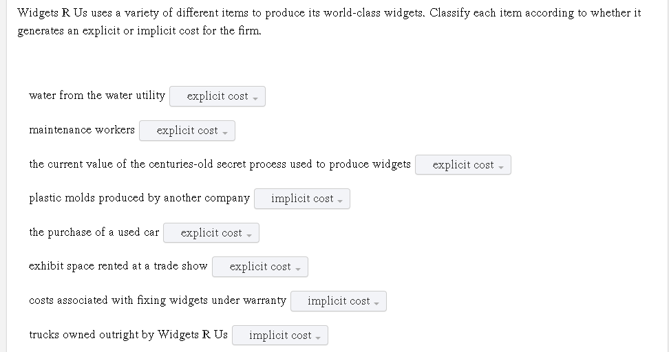 Widgets R Us uses a variety of different items to produce its world-class widgets. Classify each item according to whether it