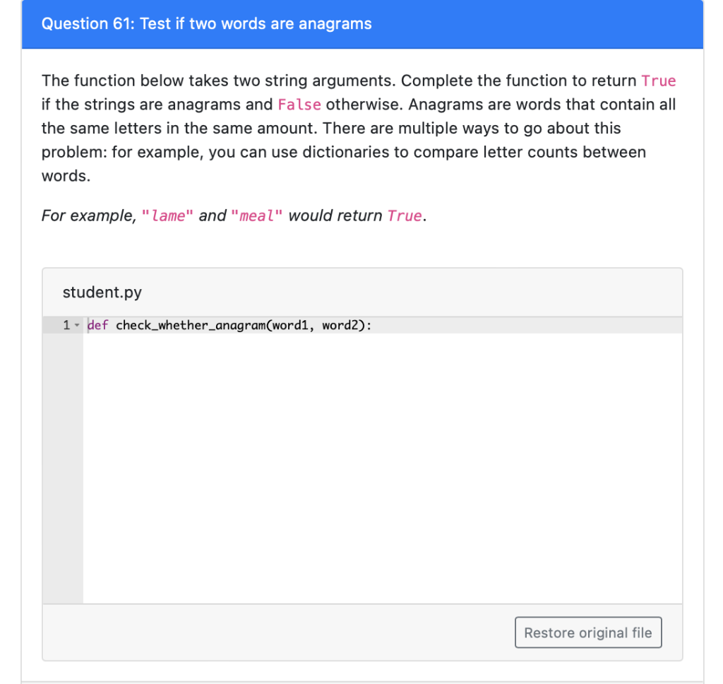Solved Question 61: Test if two words are anagrams The | Chegg.com
