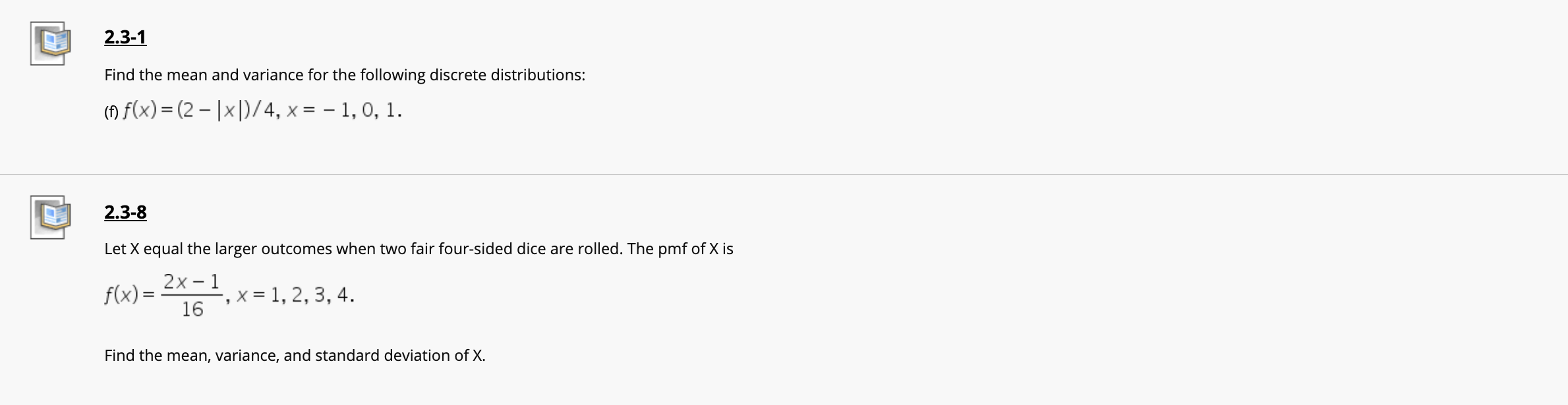 Solved 2.3-1 Find the mean and variance for the following | Chegg.com
