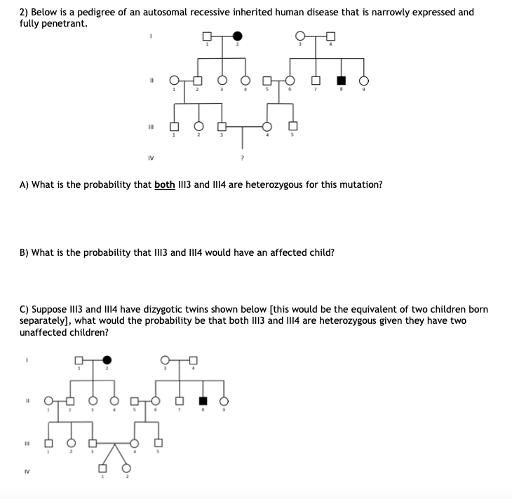 Solved 2) Below is a pedigree of an autosomal recessive | Chegg.com