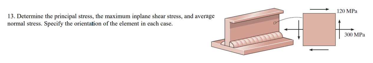 120 MPa 13. Determine the principal stress, the maximum inplane shear stress, and average normal stress. Specify the orientat