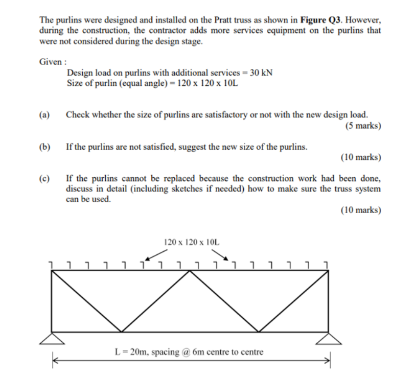 The purlins were designed and installed on the Pratt truss as shown in Figure Q3. However, during the construction, the contr