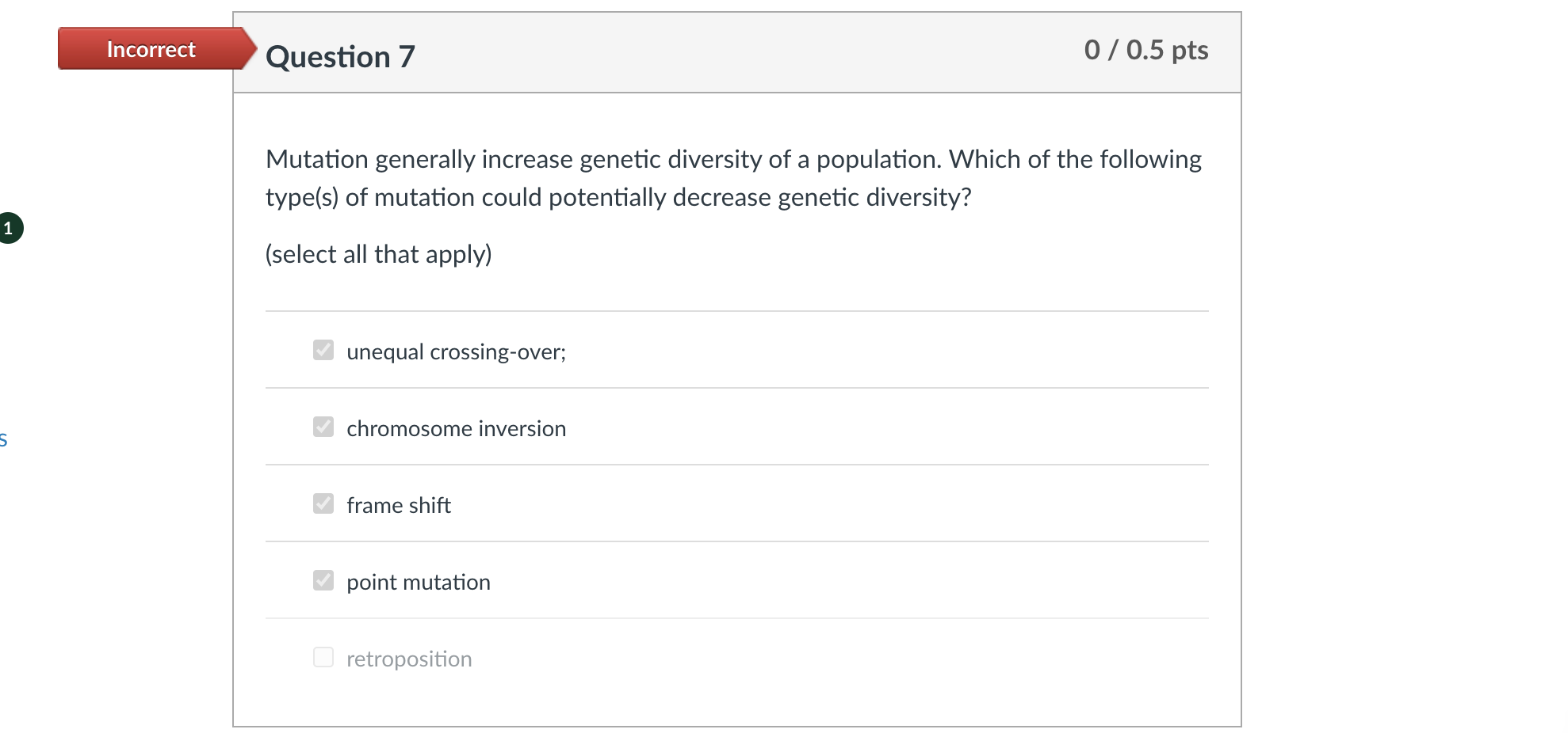Solved Incorrect Question 3 0 / 0.5 pts Which of the genetic | Chegg.com