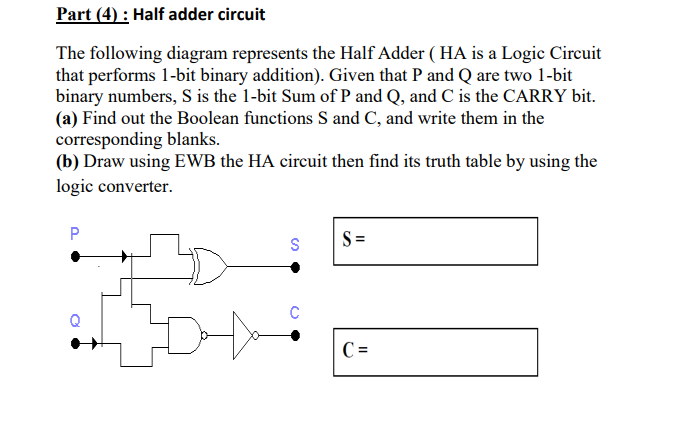 Solved Part (4): Half adder circuit The following diagram | Chegg.com