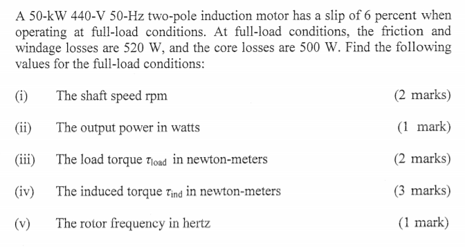 Solved A 50-kW 440-V 50-Hz two-pole induction motor has a | Chegg.com