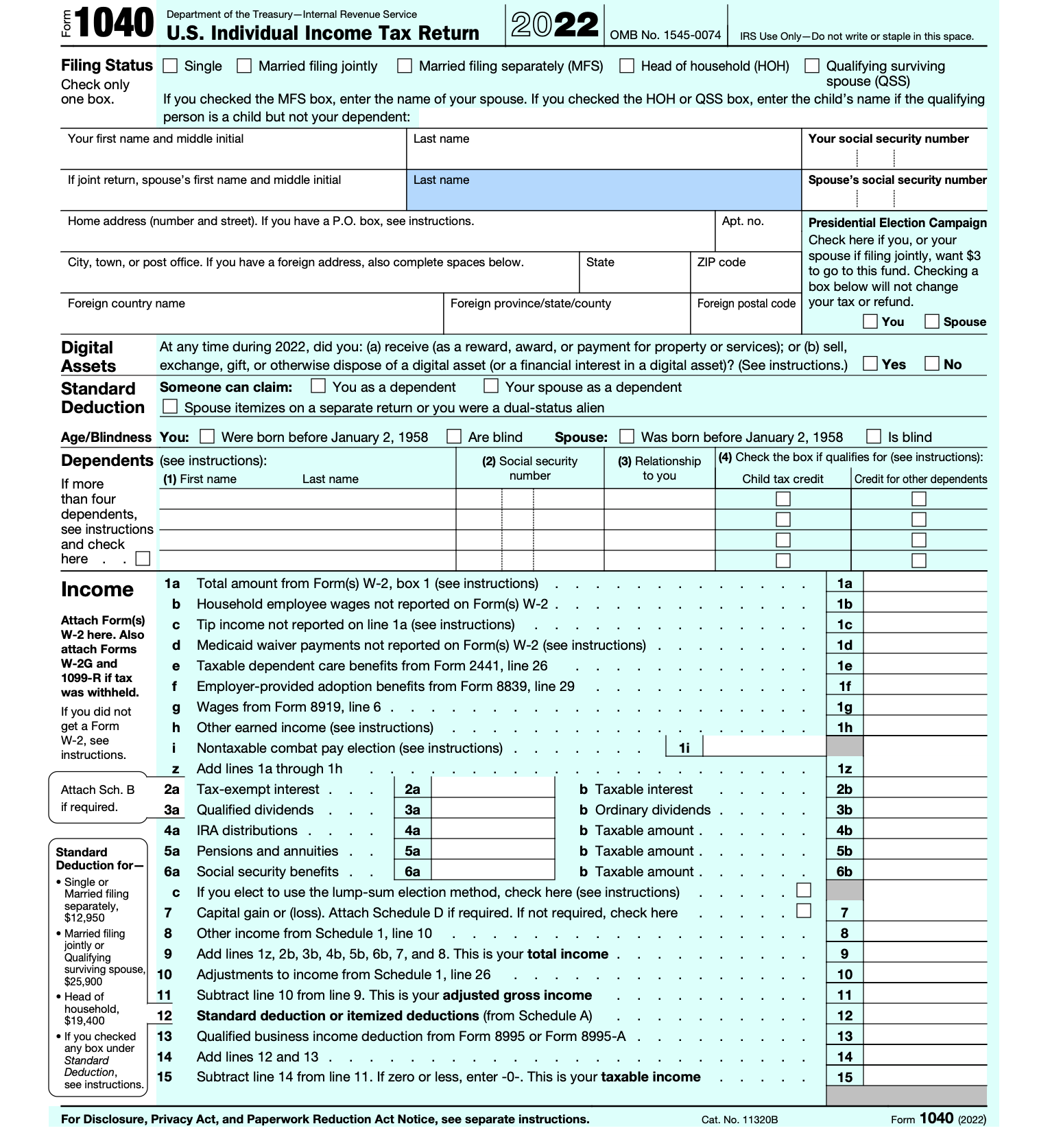 Complete page 1 of Form 1040 (through taxable income, | Chegg.com