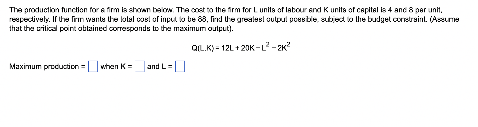 Solved The production function for a firm is shown below. | Chegg.com