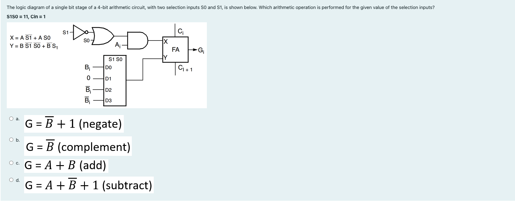 The logic diagram of a single bit stage of a 4-bit arithmetic circuit, with two selection inputs SO and S1, is shown below. W