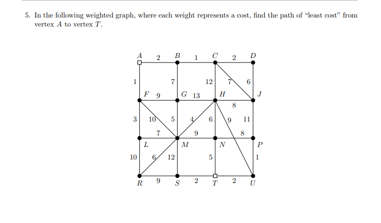 Solved 5. In the following weighted graph, where each weight | Chegg.com