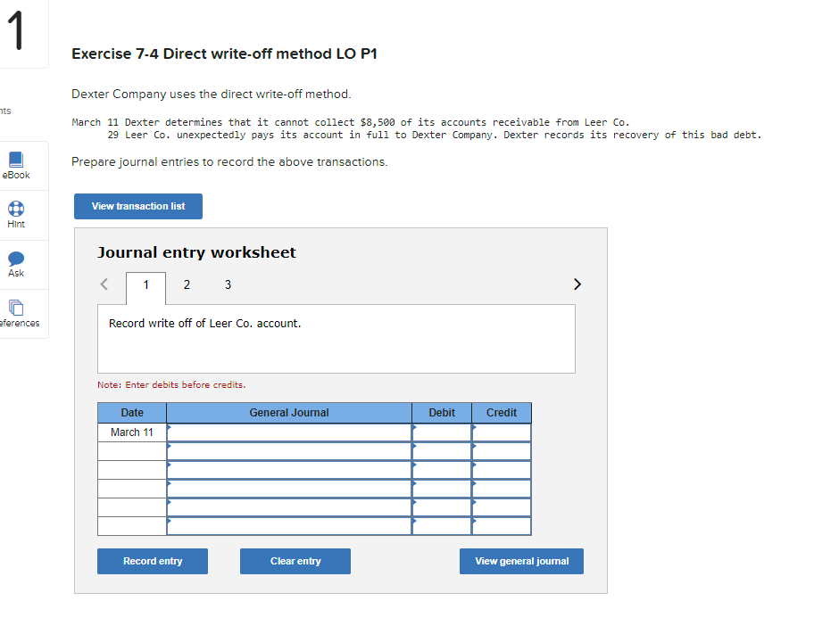 Solved 1 Exercise 7-4 Direct write-off method LO P1 nts | Chegg.com