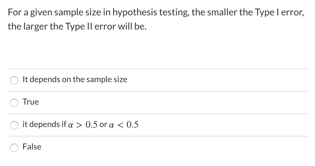 for a given sample size in hypothesis testing quizlet