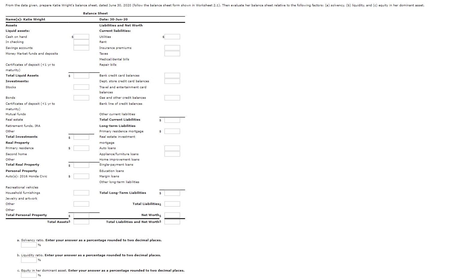Solved 1. Ch02 Financial Planning Exercise 3a. Solvency | Chegg.com