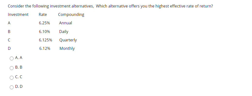Solved Consider The Following Investment Alternatives, Which | Chegg.com