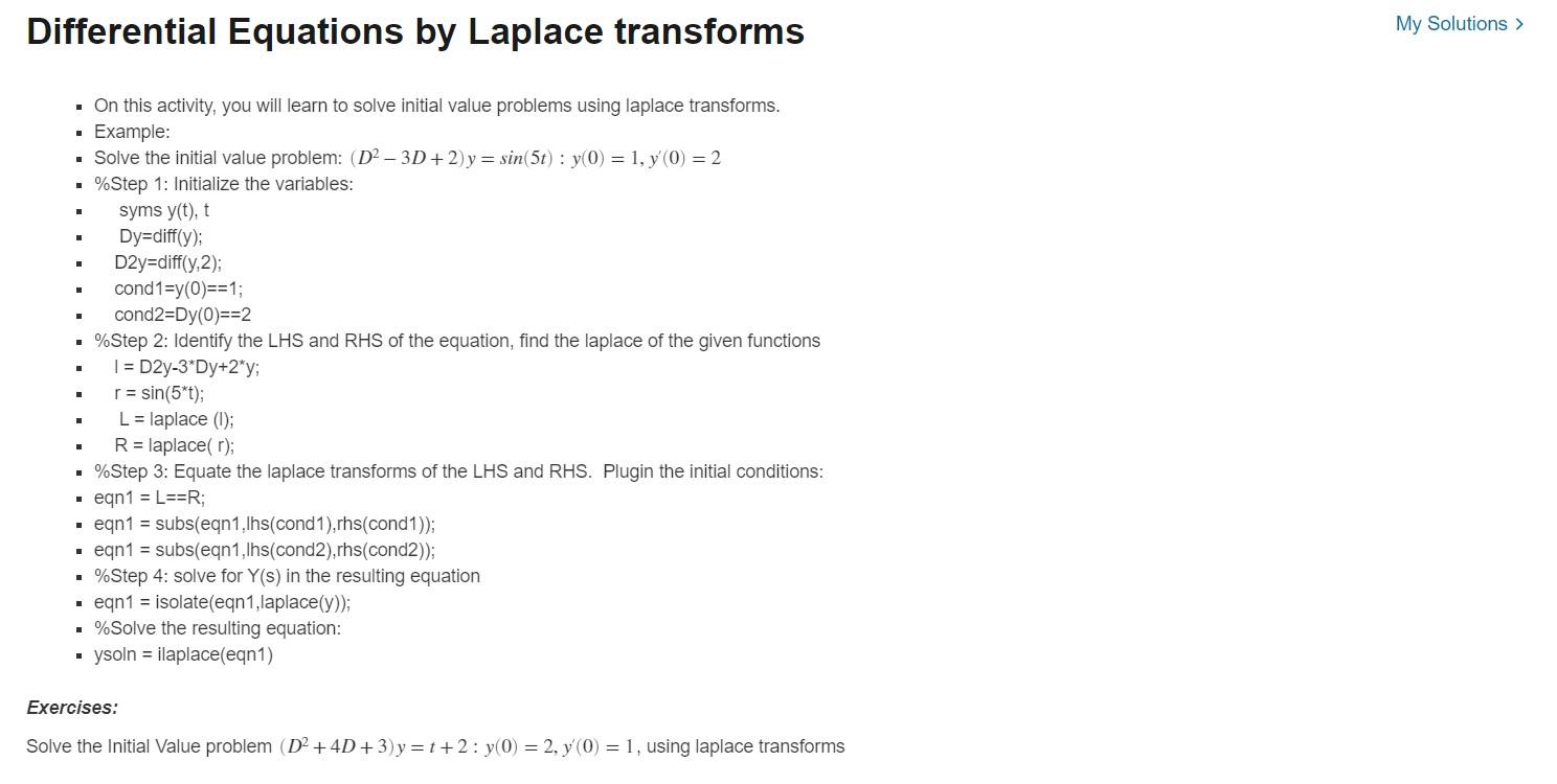 Solved Differential Equations by Laplace transforms My | Chegg.com