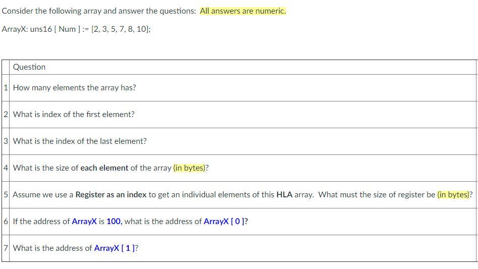 Solved Consider The Following Array And Answer The | Chegg.com