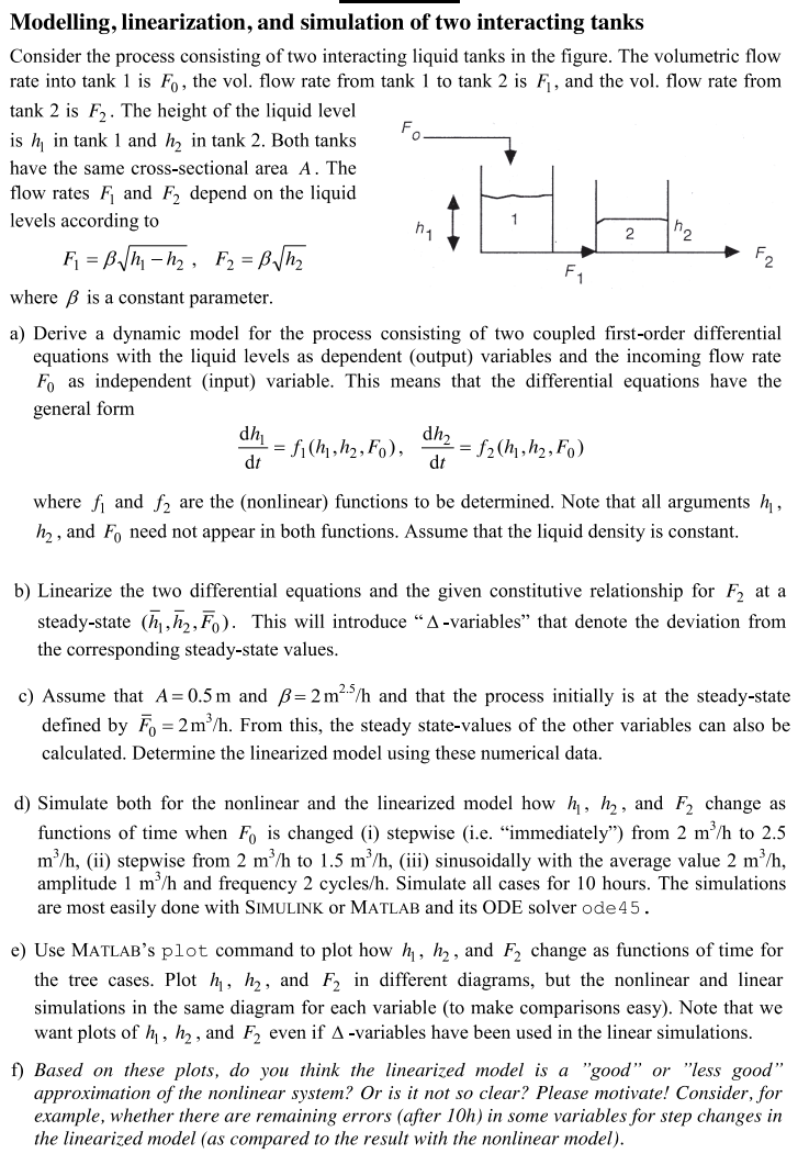 Solved Modelling, linearization, and simulation of two | Chegg.com