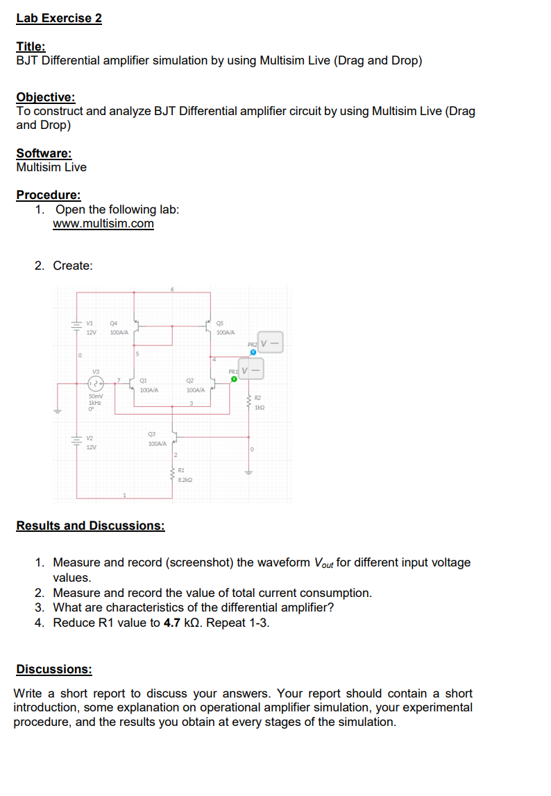 Solved Lab Exercise 2 Title: BJT Differential Amplifier | Chegg.com