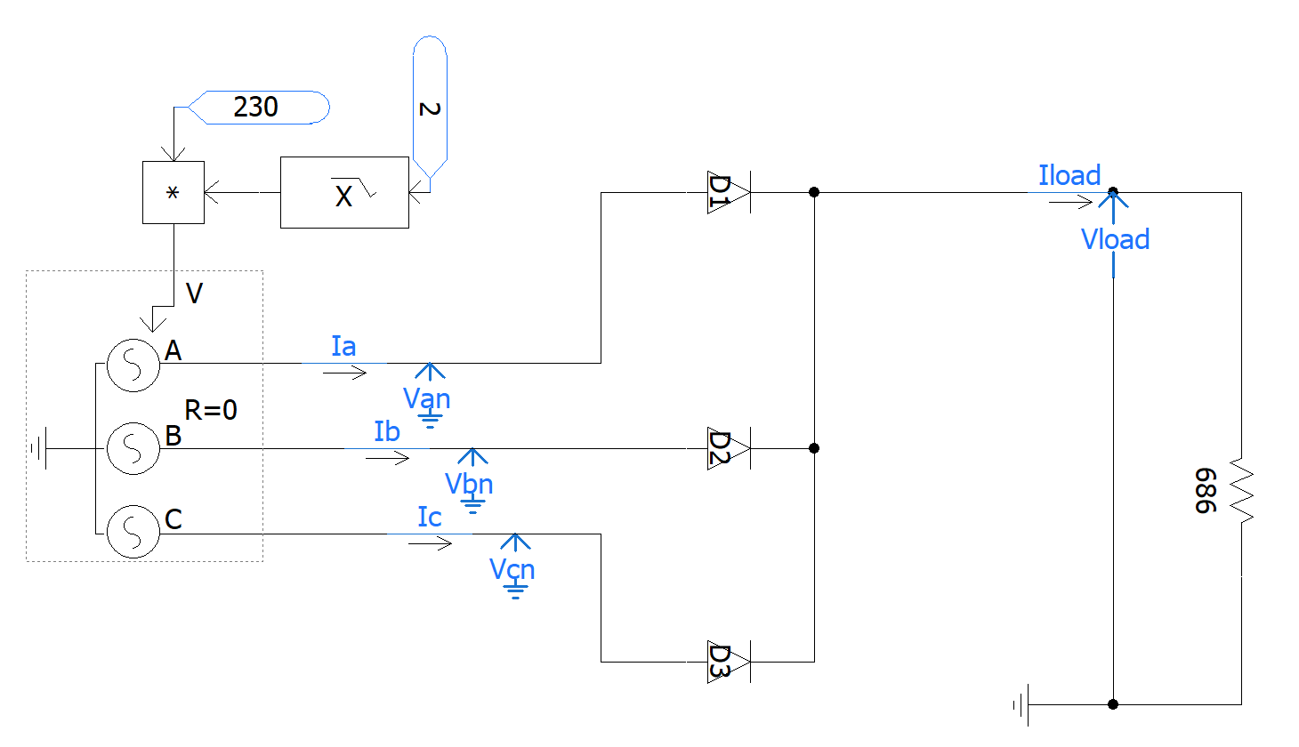 Solved 230 2 * Х IG Iload 个 * Vload Ia K R=0 Vạn Ib D2 SB so | Chegg.com