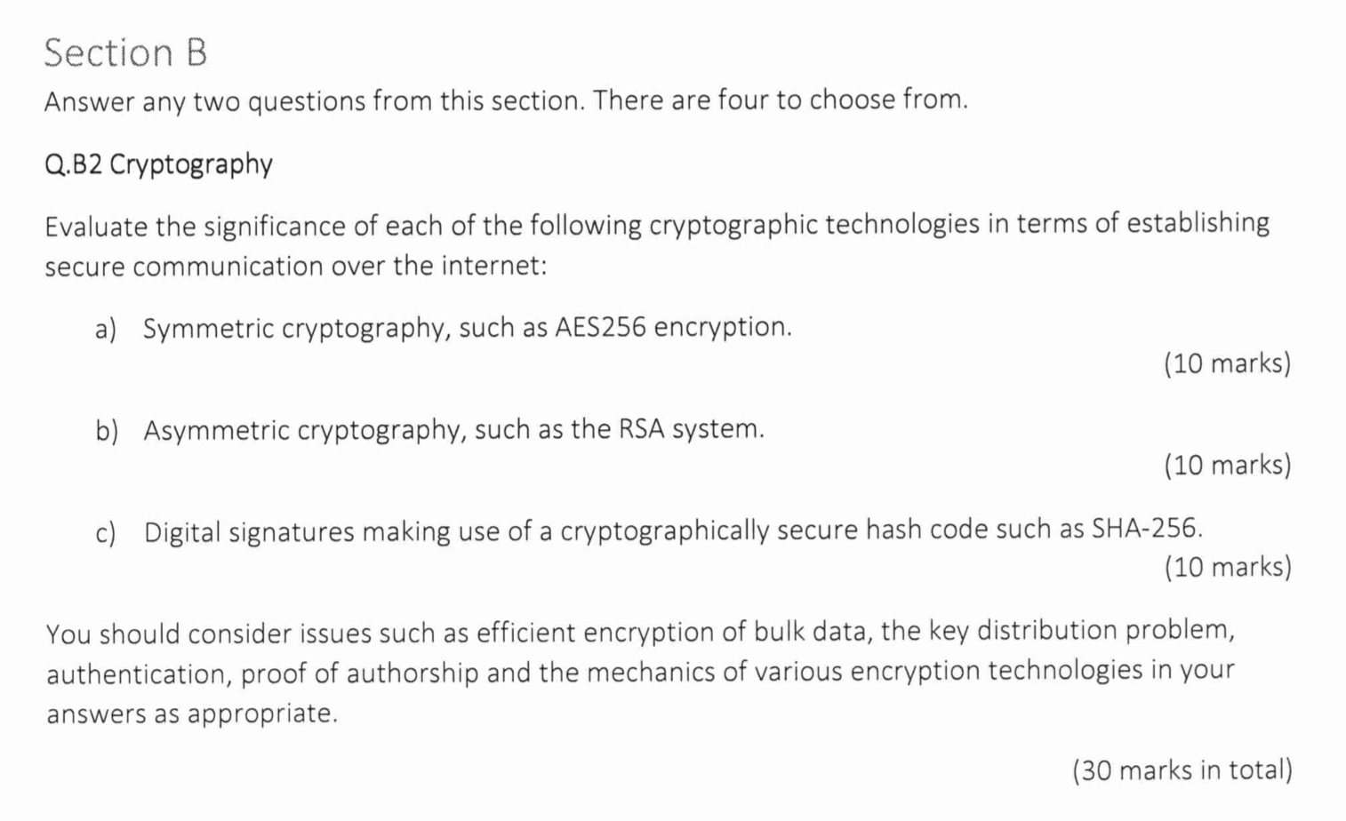 Section B Answer any two questions from this section. There are four to choose from. Q.B2 Cryptography Evaluate the significa