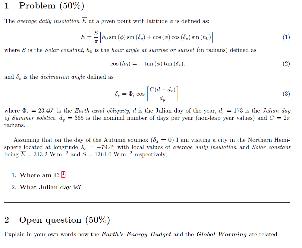 1 Problem (50%) The Average Daily Insolation Ē At ...