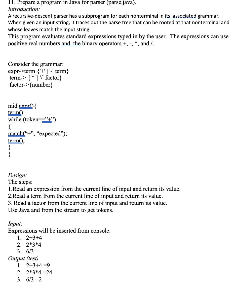 Solved 11. Prepare a program in Java for parser | Chegg.com