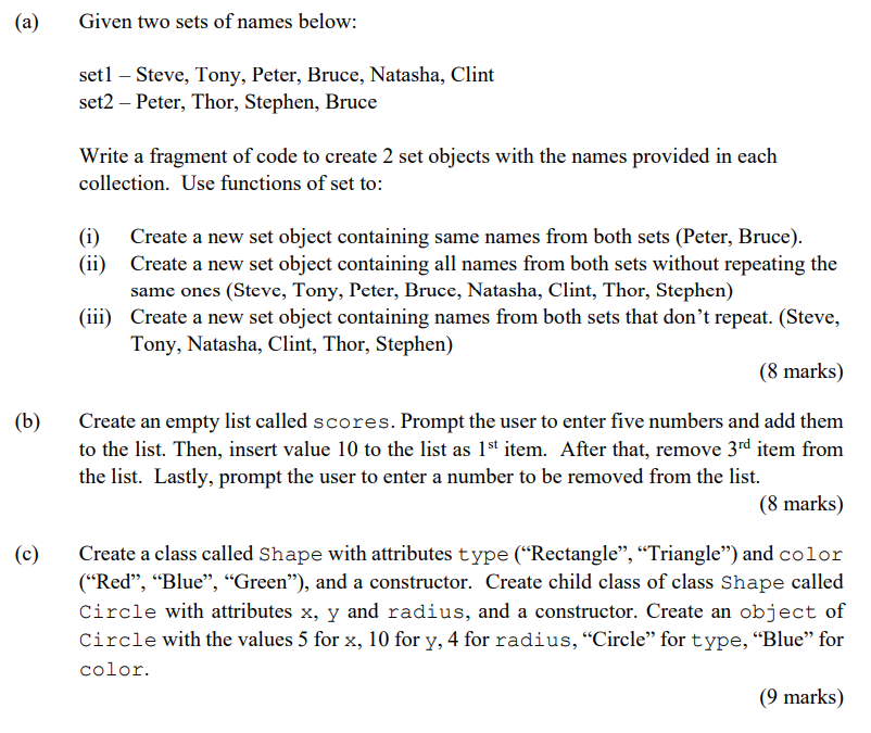 Solved a) Given two sets of names below: set1 - Steve, Tony, | Chegg.com