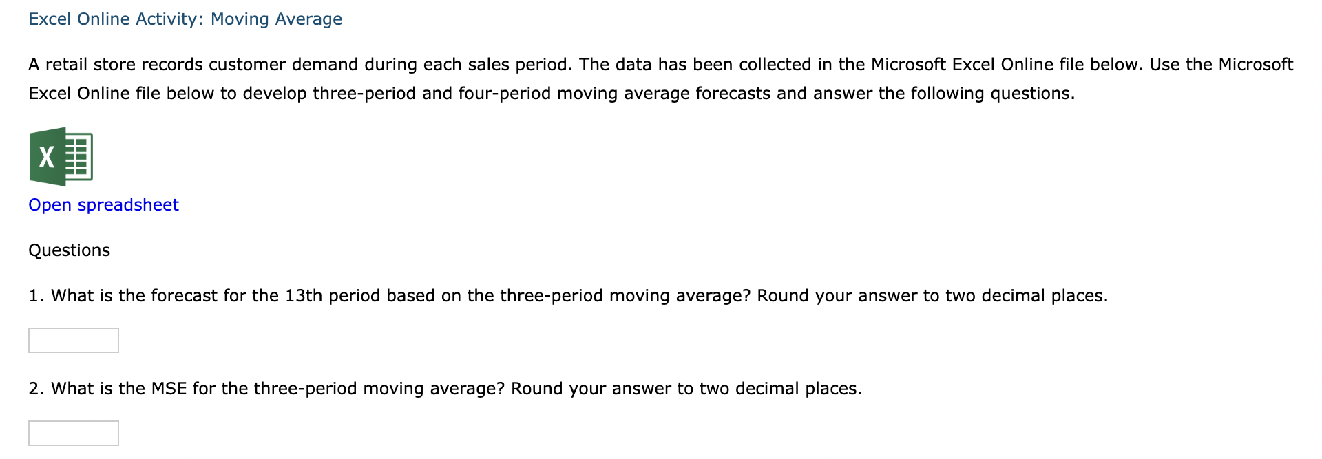 Excel Online Activity: Moving Average A retail store | Chegg.com