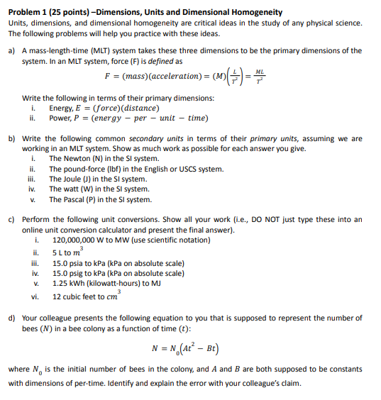 Problem 1 (25 points) -Dimensions, Units and | Chegg.com