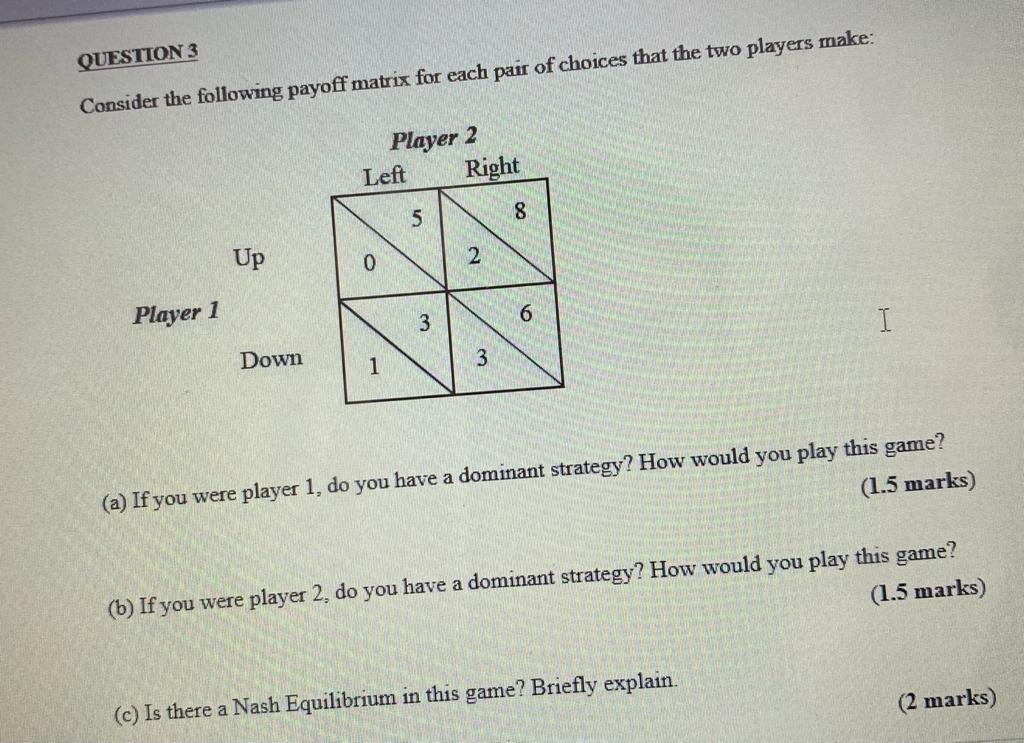 Solved QUESTION 3 Consider the following payoff matrix for | Chegg.com