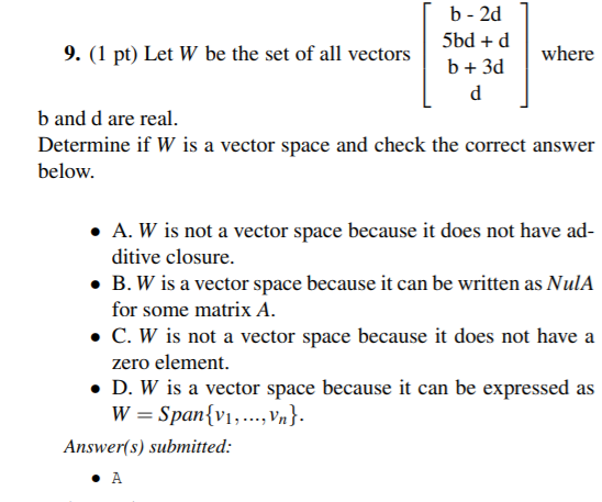 Solved b-2d 5bd + d 9. (1 pt) Let W be the set of all | Chegg.com