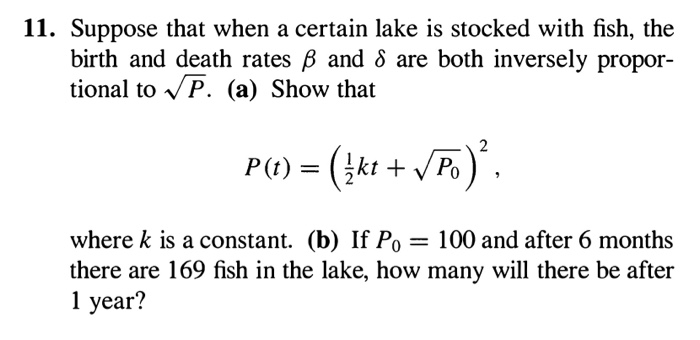 Lake Math Problem Solved 11. Suppose that when a certain lake is stocked with | Chegg.com