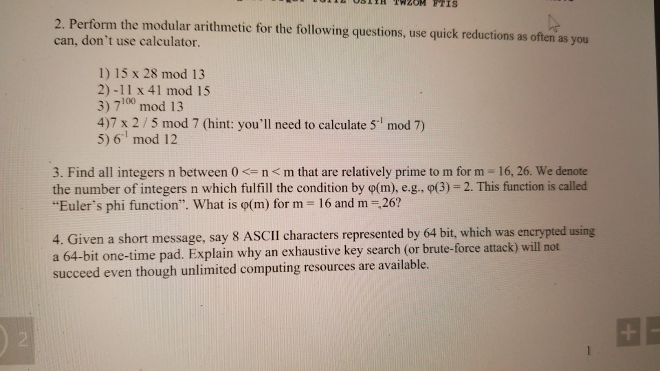 Solved 2. Perform The Modular Arithmetic For The Following | Chegg.com