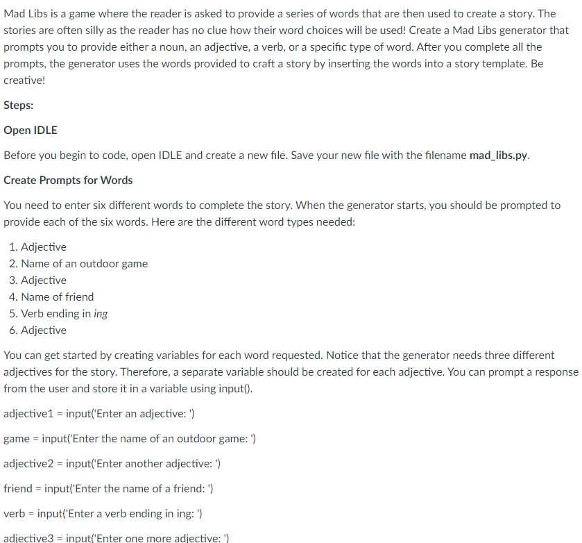 Solved Mad Libs is a game where the reader is asked to | Chegg.com