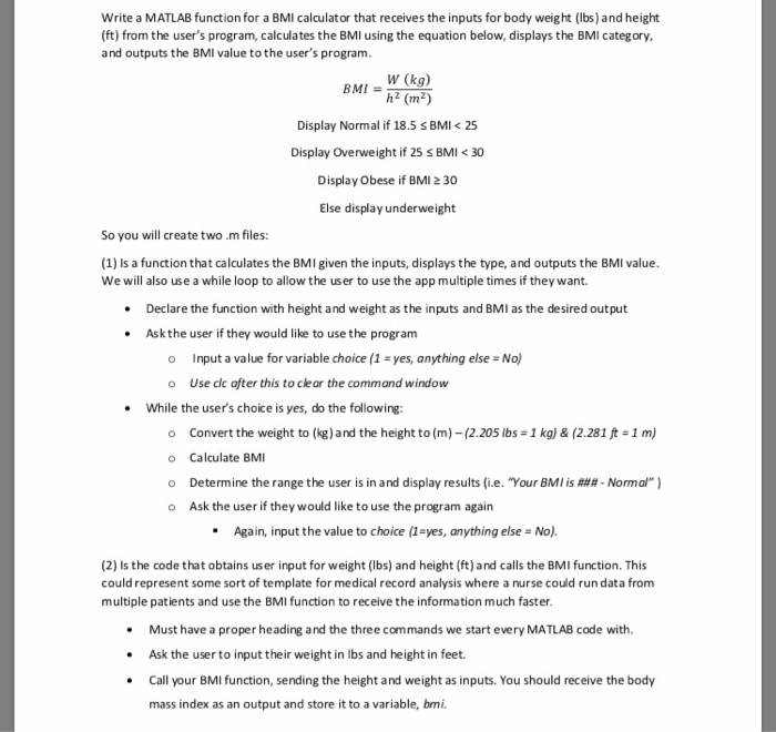 Solved Write a MATLAB function for a BMI calculator that | Chegg.com