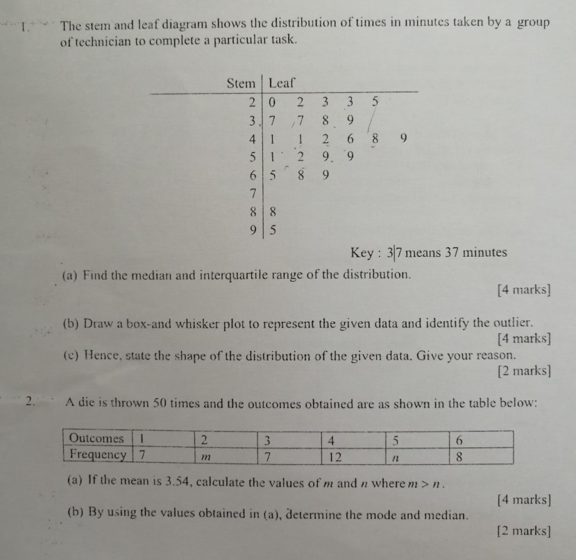 Solved 1. The stem and leaf diagram shows the distribution | Chegg.com
