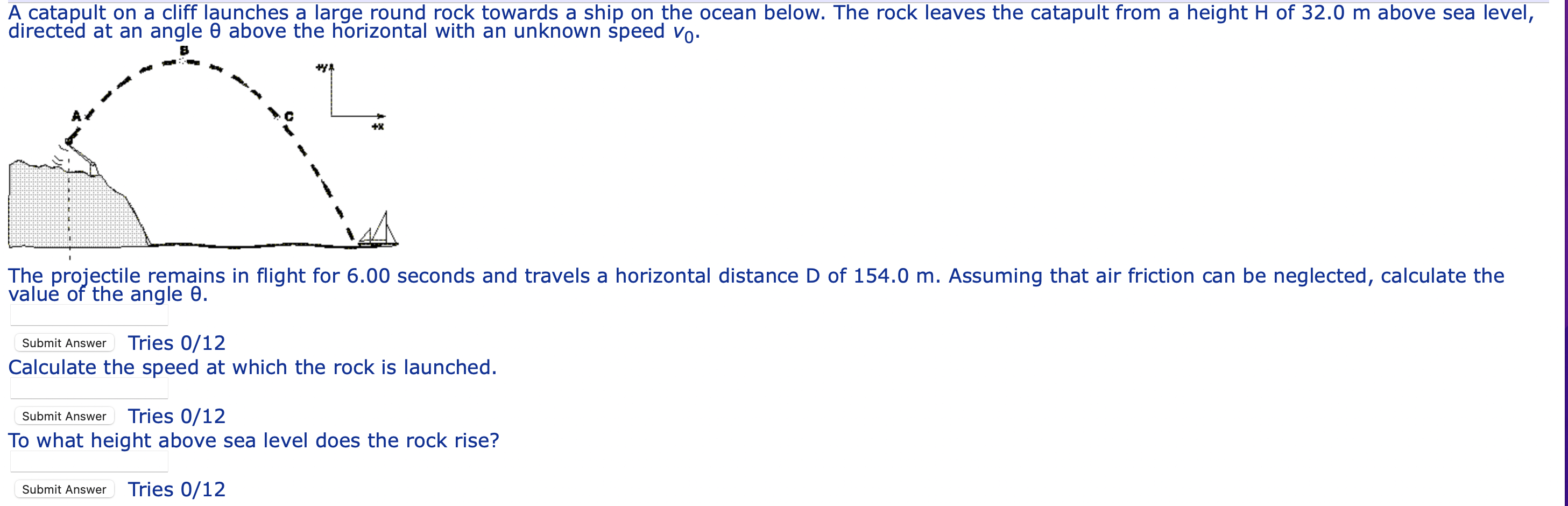 Solved A catapult on a cliff launches a large round rock | Chegg.com