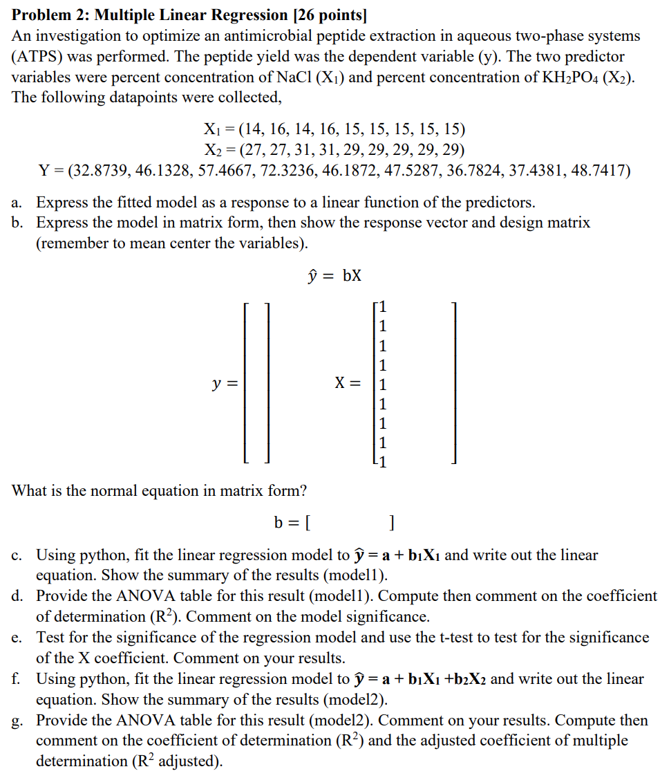 Solved Problem 2: Multiple Linear Regression [26 points] An | Chegg.com