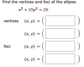 find the vertices and foci of the ellipse x2 25y2 25