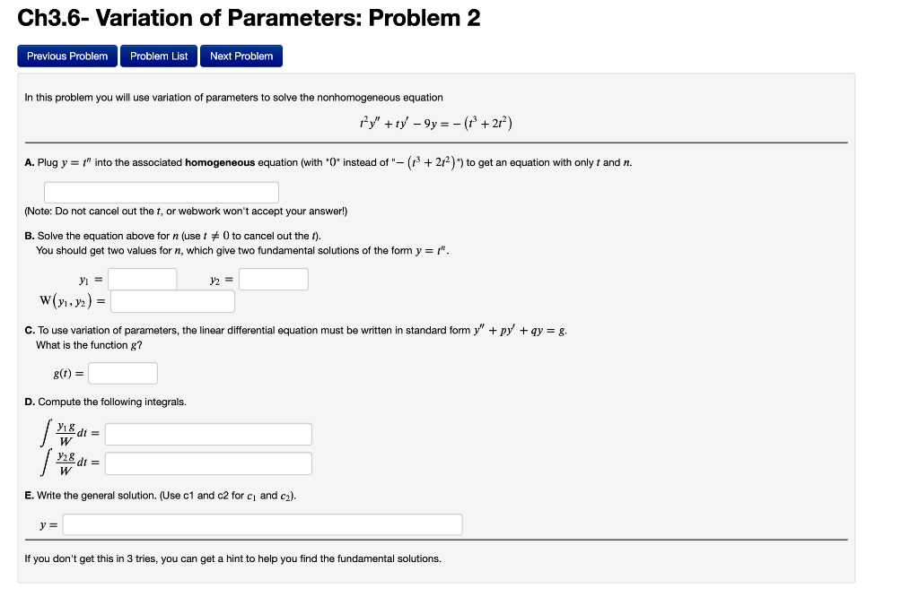 Solved In This Problem You Will Use Variation Of Parameters Chegg