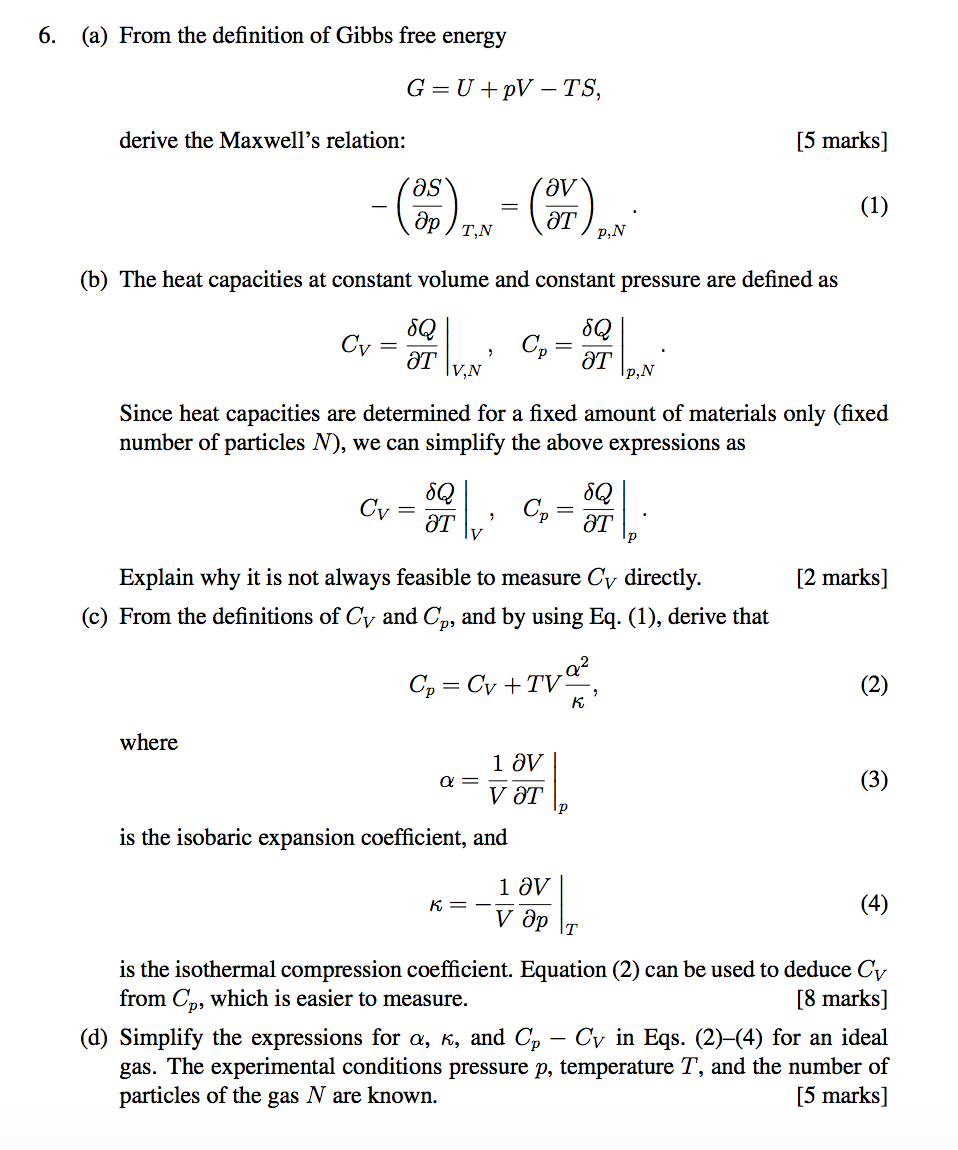 Solved 6 A From The Definition Of Gibbs Free Energy G Chegg Com