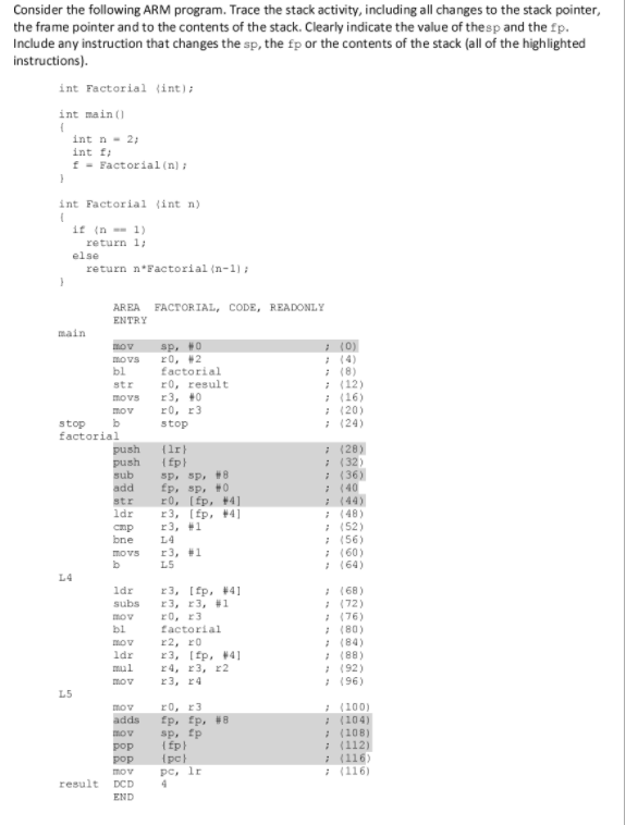 Consider the following ARM program. Trace the stack | Chegg.com