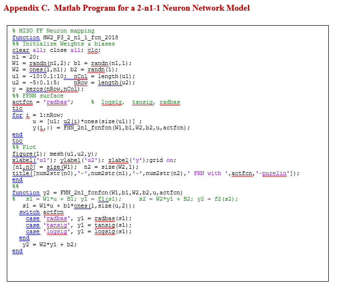 Appendix C. Matlab Program for a 2-n1-1 Neuron Network Model $ MISO FF Neuron mapping function HW2_P3_2_n1_1_fcn_2018 I Initi