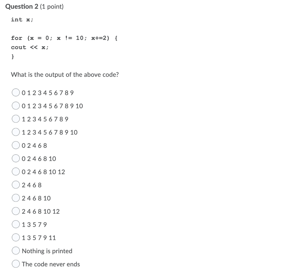 Solved Question 1 (1 point) Which of the following code | Chegg.com